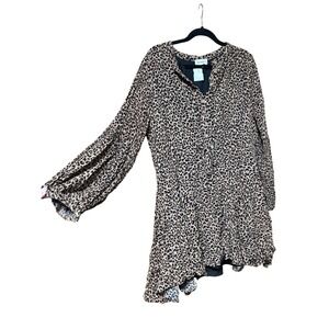 The Nines Leopard Print Button Front Dress Ruffle Hem Long Sleeve XL/16